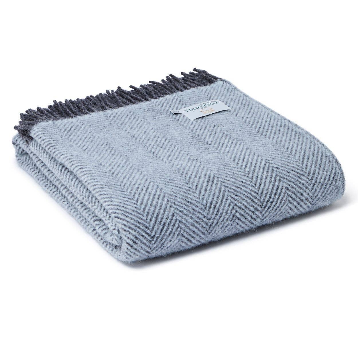 Herringbone Pure New Wool Throw : Powder Blue & Charcoal 