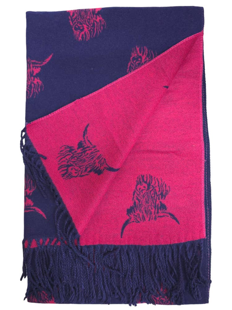 Ladies Wool Mix Scarf with Highland Cow - Navy, Pink 