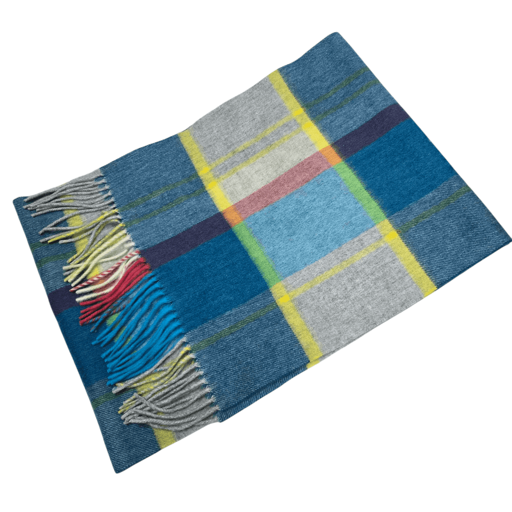 Lambswool Scottish Scarf - Blue, Yellow, Grey, Red Tartan 