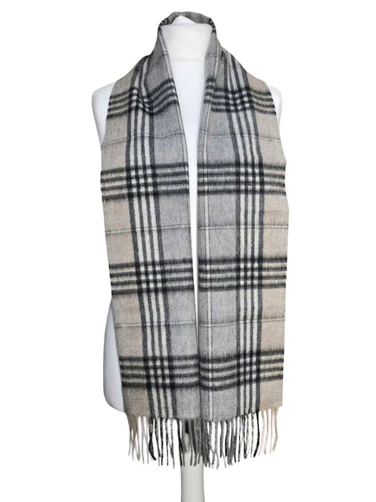 Lambswool Tartan Check Scarf - Grey, White, Black, Brown 