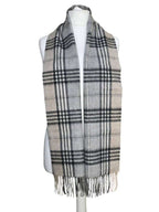 Lambswool Tartan Scarf in checked Grey and Brown pattern, showcasing luxury and warmth, crafted from 100% lambswool.