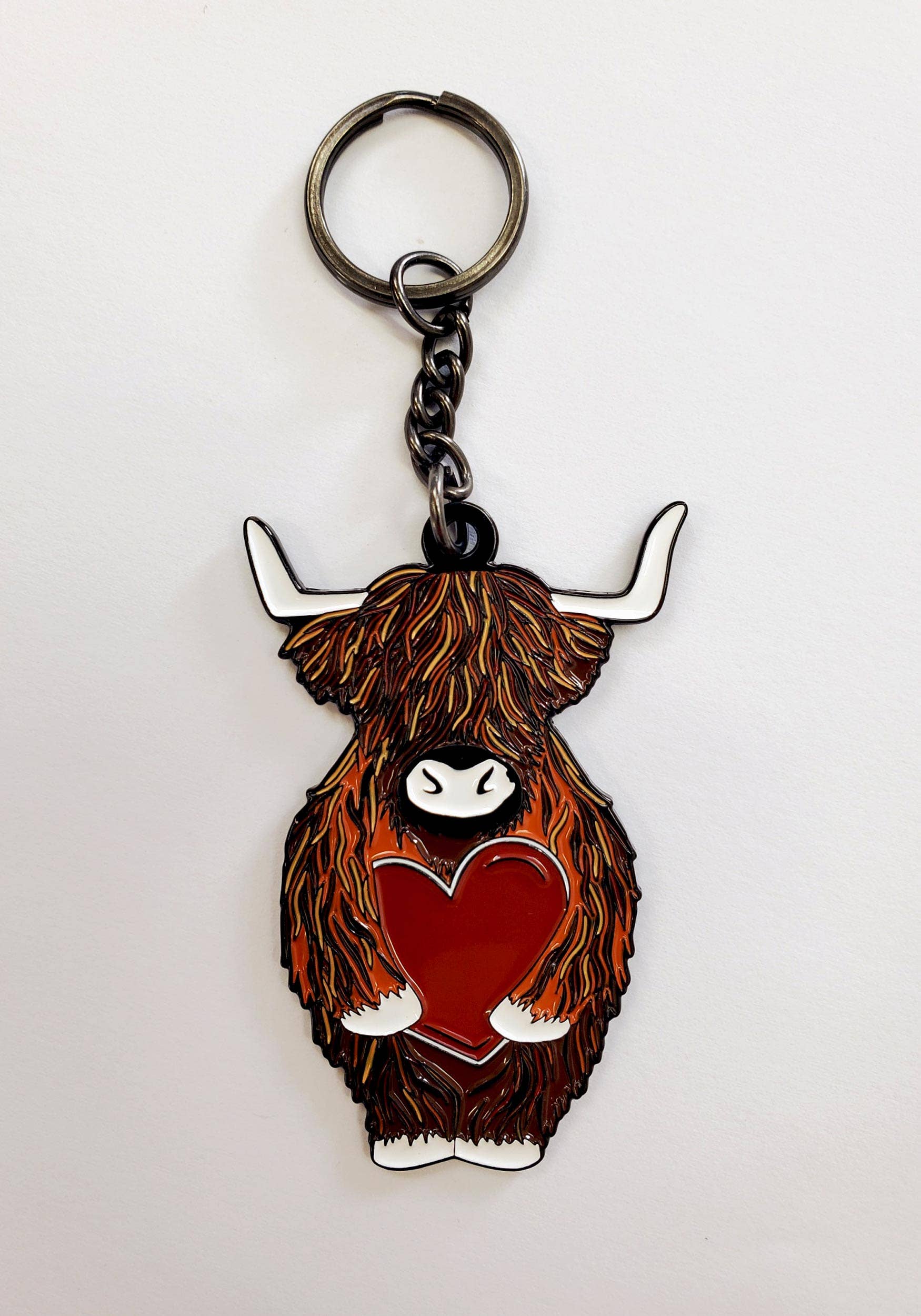 Highland Coo with Heart Enamel Keyring
