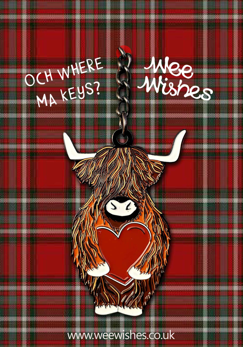 Highland Coo with Heart Enamel Keyring